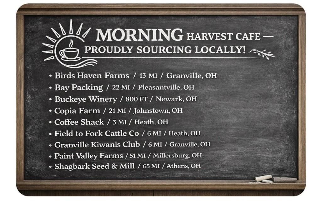 Morning Harvest Cafe chalkboard listing local farms and suppliers